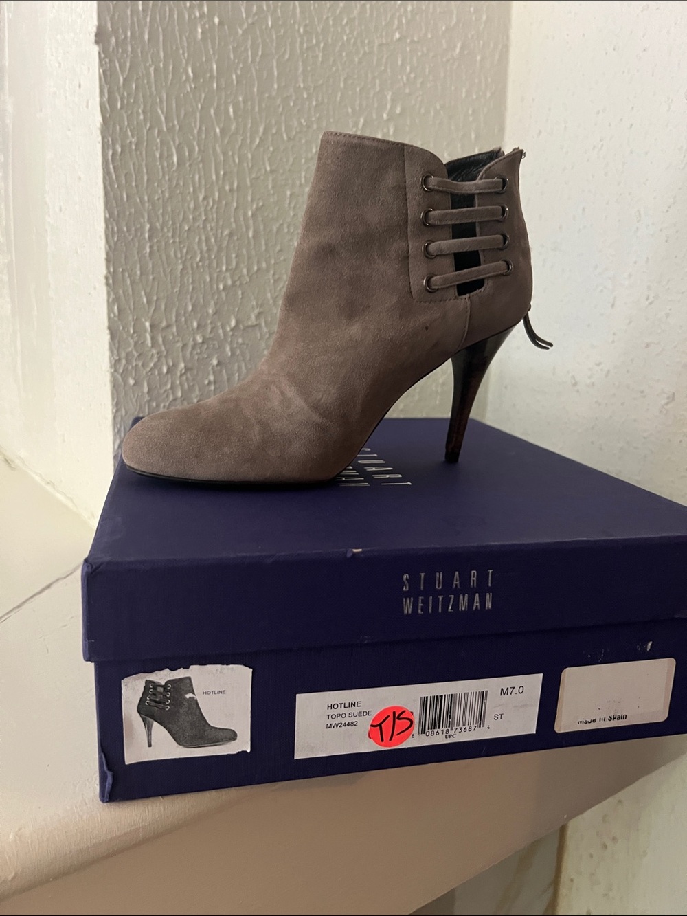 Stuart Weitzman Taupe Suede Lace-Side High Heel Bootie